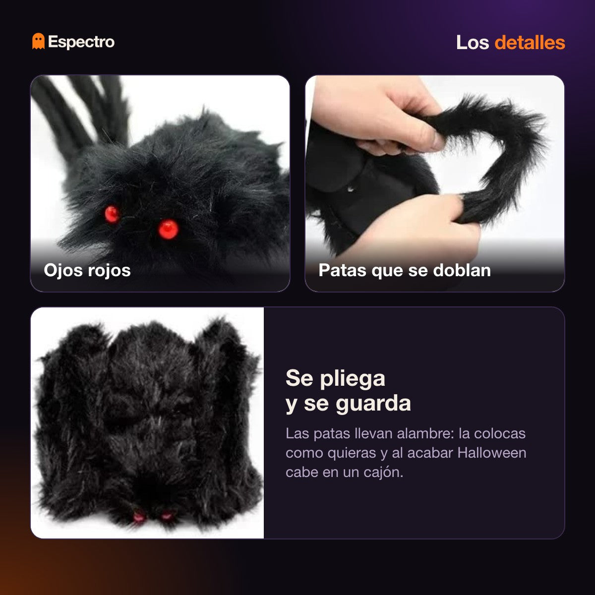 Detalles de la araña gigante: ojos rojos y patas flexibles